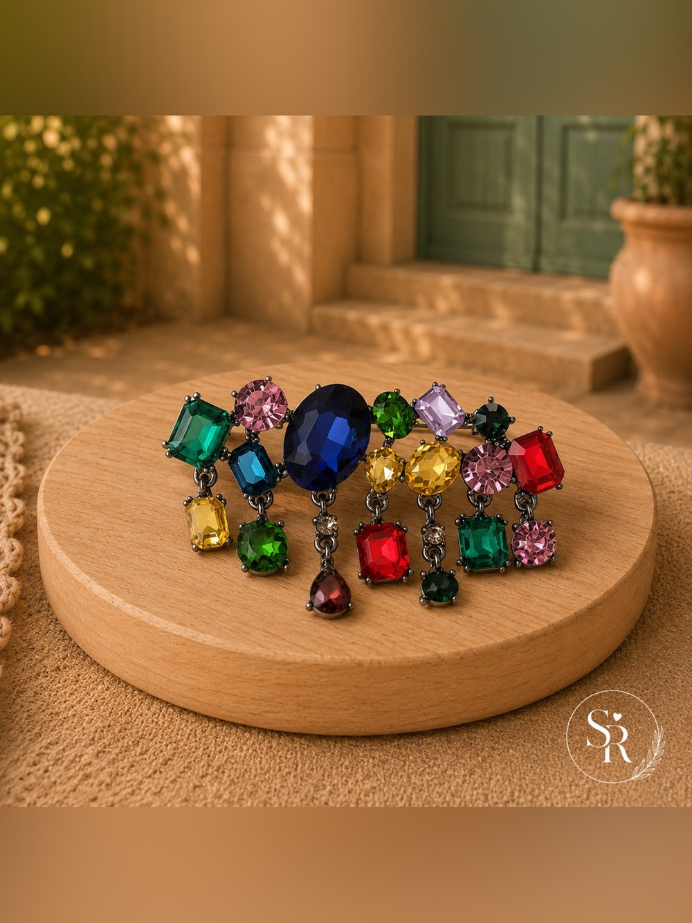 NEW Mid-Century Revival Multi-Color Crystal Brooch Hollywood Regency